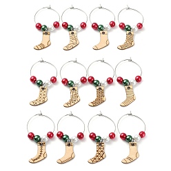 Mixed Color Wood Wine Glass Charms, with Glass Beads, Socks, Mixed Color, 50mm, 12pcs/set