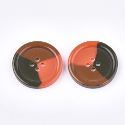 Colorful Tri-color Resin Buttons, 4-Hole, Flat Round, Colorful, 28x4mm, Hole: 2mm