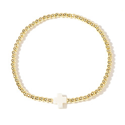 Морская Ракушка Латунные круглые бусины эластичные браслеты, Украшения для женщин: крестик из смолы., реальный 18 k позолоченный, цвет морской раковины, 6.89 дюйм (17.5 см)