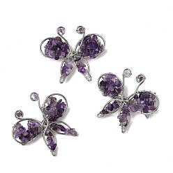 Аметист Брошь-бабочка из натурального аметиста, латунные и железные булавки для одежды, платина, 45~47x48~50 мм