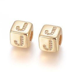 Letter J Латунные микро проложить Цирконий Европейский бисером, горизонтальное отверстие, бусины с большим отверстием, долговечный, куб с письмом, золотые, прозрачные, letter.j, 9x9x9.5 мм, отверстие : 4.5 мм