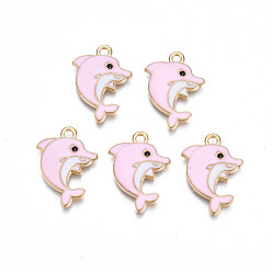 Бледно-Розовый Подвески из эмали и сплава, без кадмия, без никеля и без свинца, золотой свет, дельфин, розовый жемчуг, 21x15x2 мм, отверстие : 1.8 мм