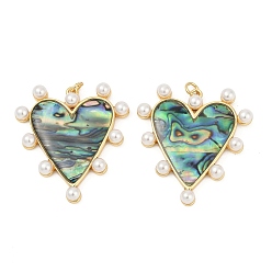 Раковина Подвески из латуни из натуральных ракушек паве, подвеска в виде сердца с жемчужинами из АБС-пластика, реальный 18 k позолоченный, без кадмия и без свинца, прочное покрытие, стойки покрытие, 35x32.5x5 мм, отверстие : 3.5 мм