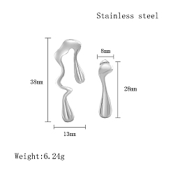 Stainless Steel Color 304 Stainless Steel Stud Earrings, Teardrop Asymmetrical Earrings, Stainless Steel Color, 38x13mm and 28x8mm
