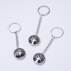 (946F)Морозный цвет внутри  Жонкиль / Непрозрачная зеленая подкладка Брелок из натурального окрашенного и нагретого черного агата, с брелоки железа, поиск железной цепи и латуни, плоские круглые с дерева жизни, окрашенные, 100~120 мм, Кулон : 31x27x7 мм