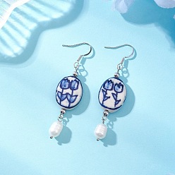 Нержавеющая Сталь Цвет Овальные серьги с цветочным узором 304 серьги-подвески из нержавеющей стали, фарфор ручной работы и натуральный культивированный пресноводный жемчуг, цвет нержавеющей стали, 61x16.5 мм