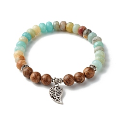 Amazonite Bracelet extensible reiki amazonite naturelle et perles de bois de wengé, bracelet à breloques en alliage de feuille pour fille femme, diamètre intérieur: 2-1/8 pouce (5.3 cm)