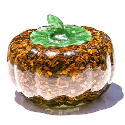 Тигровый глаз Ящик для хранения тыквы из оргонитовой смолы, натуральный тигровый глаз и натуральные зеленые авантюриновые чипсы внутри для украшения стола в домашнем офисе, 85x72 мм