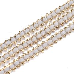 White Brass Handmade Faceted Glass Beaded Chains, with Spool, Soldered, Long-Lasting Plated, Real 18K Gold Plated, Rondelle, White, 7x3.5mm, about 16.4 Feet(5m)/roll