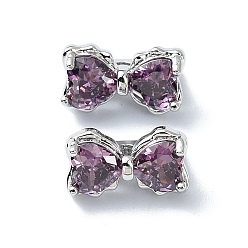 Темно-Фиолетовый Многожильные звенья из латуни с паве из кубического циркония, 3-луночное, бантом, платина, темно-фиолетовый, 7x12x7 мм, отверстие : 1.2 мм