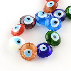 Mixed Color Flat Round Evil Eye Lampwork Bead Strands, Mixed Color, 15~16x8~9mm, Hole: 2mm, about 24pcs/strand, 13.7 inch