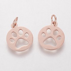 Rose Gold 304 Stainless Steel Pendants, Flat Round with Dog Paw Prints, Rose Gold, 14x12x1.1mm, Hole: 4mm