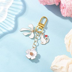 Белый Подвесные украшения из эмалевого сплава с цветами, бантами и кошками, с поворотными застежками сплава, белые, 83 мм