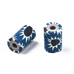 Prussian Blue Handmade Polymer Clay Beads, Column with Jewelry Crafts Pattern, Prussian Blue, 11x6~7.5mm, Hole: 2~3mm