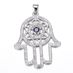 Платина Латунные микро проложить кубического циркония подвески, hamsa рука / рука fatima / рука miriam с цветком, без свинца и без никеля , платина, 36x28x3 мм, отверстие : 5x3.5 мм