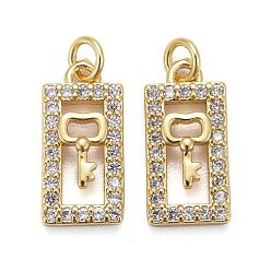 Golden Brass Micro Pave Clear Cubic Zirconia Pendants, Long-Lasting Plated, Rectangle with Key, Golden, 14.5x7x2.5mm, Jump Ring: 5x0.7mm, Inner Diameter: 3.5mm
