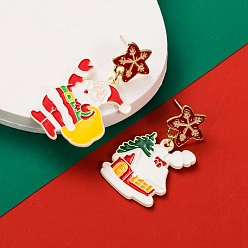 Red Alloy Enamel Dangle Stud Earrings, Christmas Asymmetrical Earrings for Women, with Sterling Silver Pin, Red, 37x12mm