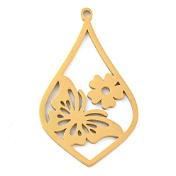 Настоящее золото 18K 304 подвески из нержавеющей стали, лазерная резка, капля с подвеской в виде бабочки и цветка, реальный 18 k позолоченный, 34.5x20x1.3 мм, отверстие : 1.6 мм