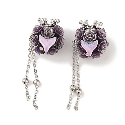 Purple Handmade Polymer Clay Rhinestone Beads, with Glitter, Resin & Acrylic & Glass Cabochon & Alloy Chain, Rose with Crown & Fishtail, Purple, 60~69mm