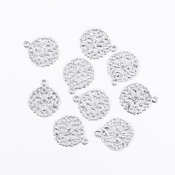 Silver Flat Round Brass Flower Filigree Findings Charms Pendants, Silver Color Plated, 15x13x0.5mm, Hole: 1mm