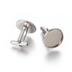 Stainless Steel Color 304 Stainless Steel Cufflinks Settings, Flat Round, Stainless Steel Color, Tray: 16mm, 27x18mm