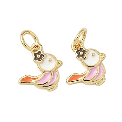 Pink Латунь эмаль прелести, очарование птицы, с целью перехода в кольце, без свинца и без кадмия, долговечный, стойки покрытие, реальный 18 k позолоченный, розовые, 11x10x2 мм, отверстие : 3.4 мм