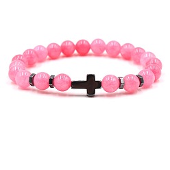 Rose Quartz 8MM Round Natural Rose Quartz Beaded Stretch Bracelets with Synthetic Non-magnetic Hematite Cross, 7.48 inch(19cm)