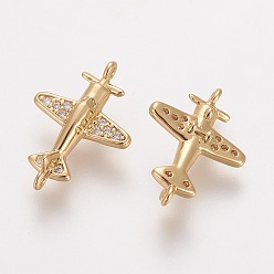 Real 18K Gold Plated Brass Cubic Zirconia Links, Long-Lasting Plated, Propeller Airplane, Clear, Real 18K Gold Plated, 16.5x11.5x5mm, Hole: 0.8mm