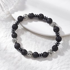 Лавовый камень Круглые бусины из натуральной лавы, эластичные браслеты для женщин, с немагнитными бусинами из синтетического гематита и сплава, бусина : 8.5 mm, внутренний диаметр: 2-1/4 дюйм (5.6 см)