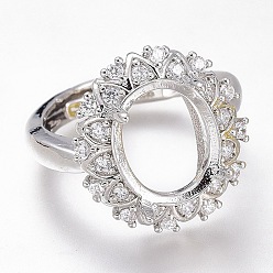 Platinum Adjustable Brass Micro Pave Clear Cubic Zirconia Finger Ring Components, 4 Claw Prong Ring Settings, Long-Lasting Plated, Flower, Platinum, US Size 5 1/4, Inner Diameter: 15.9mm, Tray: 12x10mm