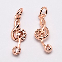 Real Rose Gold Plated Brass Pendants, Micro Pave Grade AAA Cubic Zirconia, Musical Note, Cadmium Free & Nickel Free & Lead Free, Real Rose Gold Plated, 18x6x3mm, Hole: 3mm