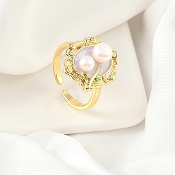 Белый Манжеты с латунной эмалью, с натуральным пресноводным жемчугом, реальный 18 k позолоченный, овальные с цветком, белые, внутренний диаметр: 16 мм