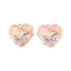 Розовый Стойки обшивки сплава эмали подвески, без кадмия, без никеля и без свинца, золотой свет, сердце с цветочным шармом, туманная роза, 20x21x4 мм, отверстие : 1.6~1.8 мм