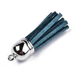 Steel Blue Faux Suede Tassel Pendant Decorations, with CCB Plastic Cord Ends, Platinum, Steel Blue, 35~37x10mm, Hole: 1.8mm