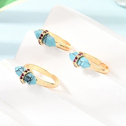 Turquoise Brass Micro Pave Cubic Zirconia Cuff Open Rings for Women, Bullet, with Synthetic Turquoise, Rack Plating, Long-Lasting Plated, Lead Free & Cadmium Free, Real 18K Gold Plated, US Size 7 1/4(17.5mm)