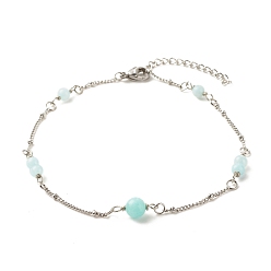 Бирюза Ножные браслеты из натурального окрашенного белого нефрита и малайзийского нефрита для женщин, 304 ножные браслеты с цепочками-сателлитами из нержавеющей стали, бирюзовые, 9-7/8 дюйм (25 см)