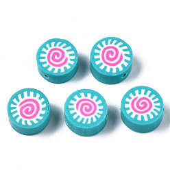 Dunkeltürkis Manuell Polymer Ton Perlen, für DIY Schmuck Bastelbedarf, flach rund mit Sonne, dunkeltürkis, 9.5x4.5~5 mm, Bohrung: 1.6 mm