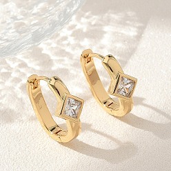 Настоящее золото 18K Серьги-кольца в форме ромба из латуни с инкрустацией одним прозрачным кубическим цирконием, реальный 18 k позолоченный, 15.5x14.5x7 мм