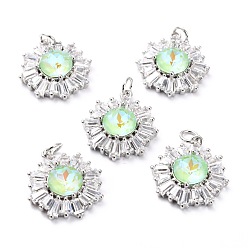 Pale Green Brass Micro Pave Cubic Zirconia Pendants, Long-Lasting Plated, Real 18K Gold Plated with Glass, Snowflake, Pale Green, 21.2x17.5x6.7mm, Hole: 3.6mm
