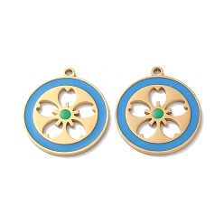 Golden Ion Plating(IP) 304 Stainless Steel Pendants, with Enamel, Flat Round with Sakura Charm, Golden, 22x20x1.5mm, Hole: 1.6mm
