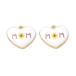 Medium Orchid Printed Brass Pendants, Heart with Word MOM Charms, Rack Plating, Long-Lasting Plated, Lead Free & Cadmium Free, Real 18K Gold Plated, Medium Orchid, 17x20.5x3.5mm, Hole: 2mm
