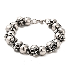 Antique Silver 304 Stainless Steel Skull Link Chain Bracelets, Antique Silver, 8-1/2 inch(21.7cm)