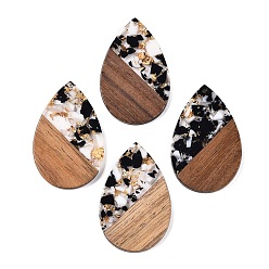 Черный Большие подвески из прозрачной смолы и орехового дерева, с блеском порошок, слеза, чёрные, 51.5x33~33.5x3.5 мм, отверстие : 2 мм