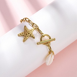 Настоящее золото 18K 304 браслеты из тросовой цепи из нержавеющей стали, с оболочкой, ионное покрытие (ip), морская звезда, реальный 18 k позолоченный, 7-1/4 дюйм (18.4 см)