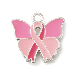 Бабочка Розовая лента осведомленности о раке молочной железы, подвески из сплава с эмалью, серебряные, бабочка, 20x21x1.5 мм, отверстие : 2 мм