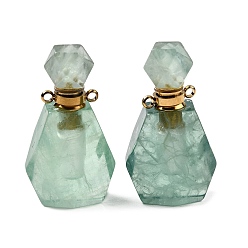 Флюорит Подвески для флаконов духов из натурального зеленого флюорита, подвески-бутылки с ограненными драгоценными камнями и 304 фурнитурой из нержавеющей стали, золотые, 35~35.5x20~20.5x13.5~14 мм, отверстие : 1.8 мм