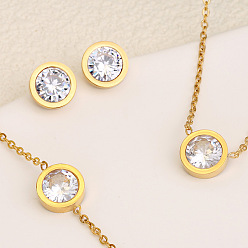 Золотой Плоские круглые 304 браслеты из нержавеющей стали с прозрачными кубическими цирконами, серьги-гвоздики и ожерелья с подвесками, золотые, 455 мм