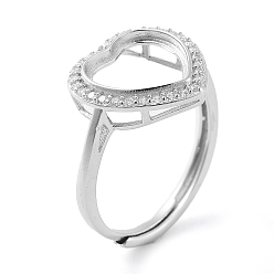 Real Platinum Plated Heart Adjustable 925 Sterling Silver Ring Components, with Cubic Zirconia, Open Bezel Setting, Real Platinum Plated, US Size 6 3/4(17.1mm)