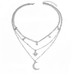 Платина Подвеска из сплава луны и звезды со стразами 3 многослойные ожерелья для женщин, платина, 16.14 дюйм (41 см)
