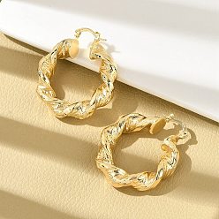 Настоящее золото 18K Серьги-кольца из латуни с витым кольцом, реальный 18 k позолоченный, 36x8 мм, штифты : 14x1.5x0.5 мм
